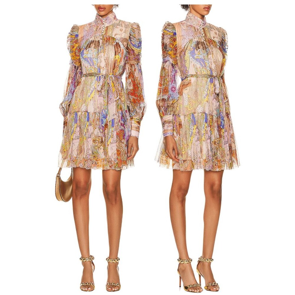 Zimmermann Kaleidoscope Lurex Silk Mini Dress Size S Zodiac Print Belted Long
